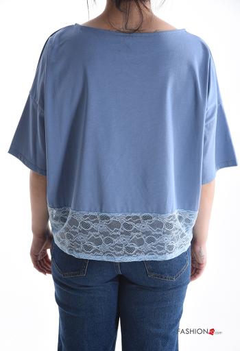 lace trim crew neck Cotton T-shirt 3/4 sleeve - ph 2