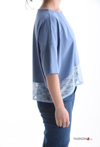 lace trim crew neck Cotton T-shirt 3/4 sleeve - ph 3