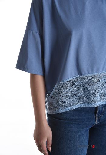lace trim crew neck Cotton T-shirt 3/4 sleeve - ph 4