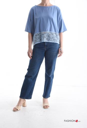 lace trim crew neck Cotton T-shirt 3/4 sleeve - ph 5