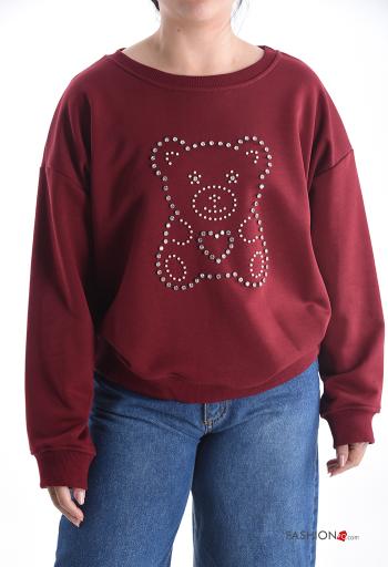 Animal motif long sleeve crew neck Cotton Sweatshirt with rhinestones