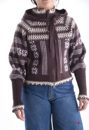 Mix Muster lange ärmel Strickjacke mit Reißverschluss mit Schal mit Kapuze