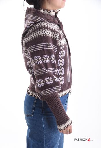 Mix Muster lange ärmel Strickjacke mit Reißverschluss mit Schal mit Kapuze - ph 3