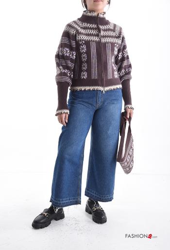 Mix Muster lange ärmel Strickjacke mit Reißverschluss mit Schal mit Kapuze - ph 5