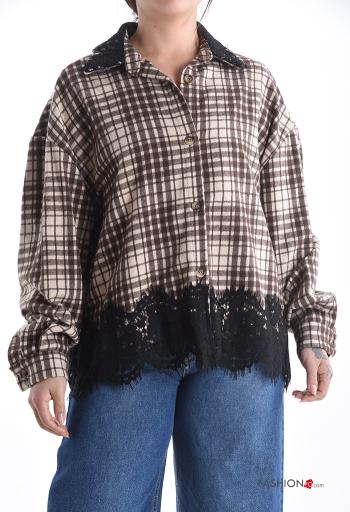 Chemise en Coton manches longues détail dentelle à collet Motif tartan à boutons