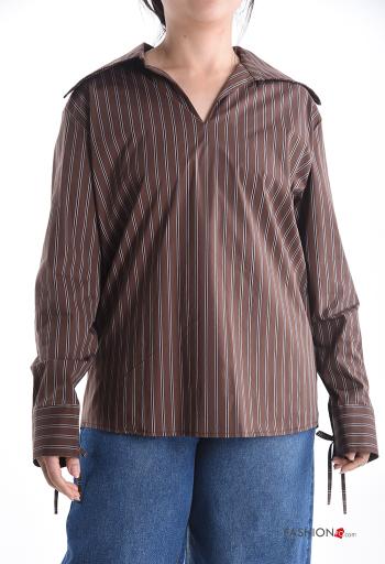 Blouse en Coton manches longues à collet Imprimé à rayures avec noeud à col en V - ph 1