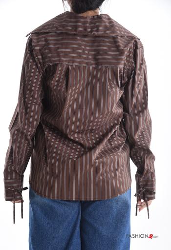 Blouse en Coton manches longues à collet Imprimé à rayures avec noeud à col en V - ph 2