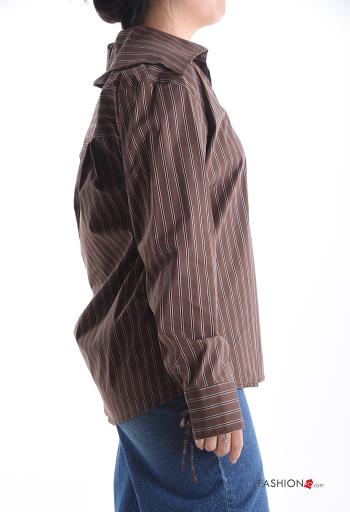 Blouse en Coton manches longues à collet Imprimé à rayures avec noeud à col en V - ph 3