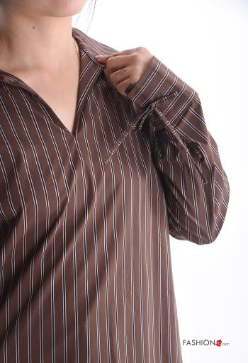 Blouse en Coton manches longues à collet Imprimé à rayures avec noeud à col en V - ph 4