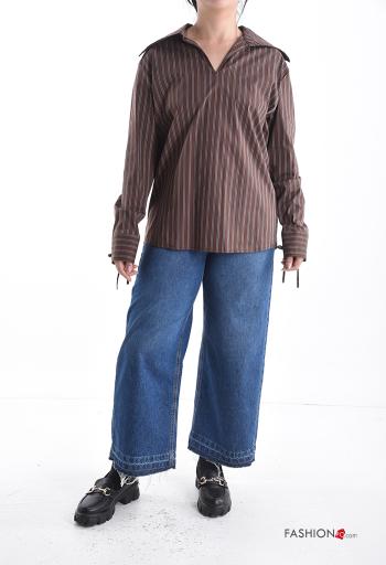 Blouse en Coton manches longues à collet Imprimé à rayures avec noeud à col en V - ph 5