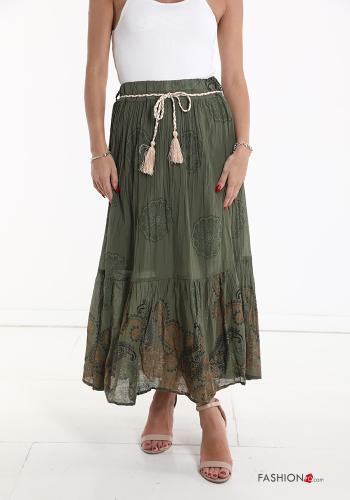 Falda de Algodón Longuette Diseño impreso con cinturón de cuerda con volantes con elástico