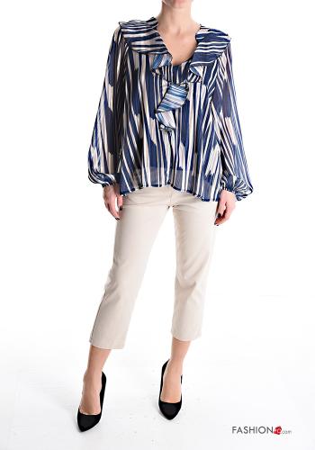 Streifenmuster Bluse mit Volants mit V-Ausschnitt - ph 5