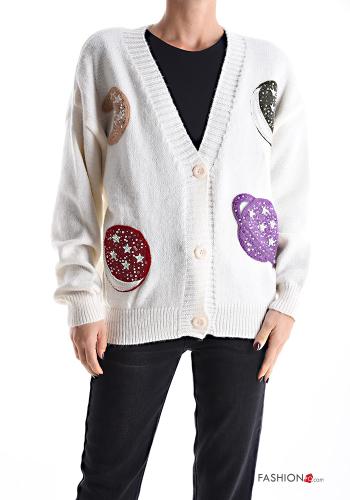 Patterned long sleeve Cardigan with buttons with rhinestones with v-neck - ph 1