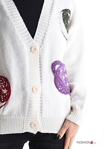 Patterned long sleeve Cardigan with buttons with rhinestones with v-neck - ph 4