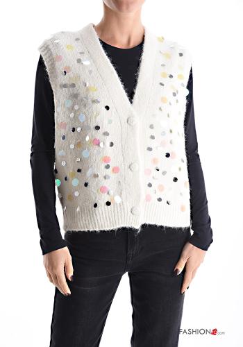 sleeveless Wool Mix Cardigan with sequins with v-neck with buttons - ph 1