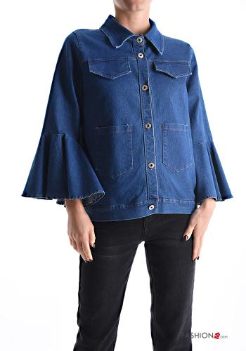 Denim mit kragen lange ärmel volantärmel Jacke aus Baumwolle mit Knöpfen mit Taschen - ph 1