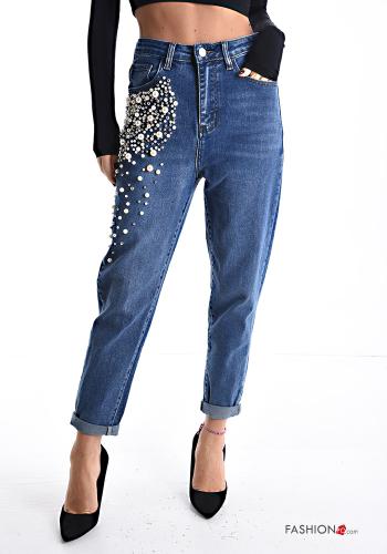 denim Cotton Jeans with buttons with pockets with rhinestones with zip - ph 1