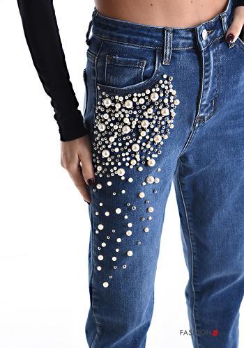 denim Cotton Jeans with buttons with pockets with rhinestones with zip - ph 4