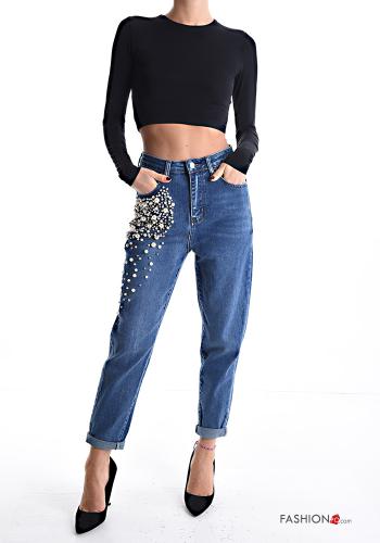 denim Cotton Jeans with buttons with pockets with rhinestones with zip - ph 5
