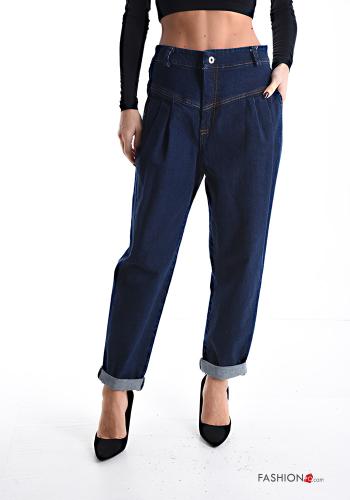 Jeans in Cotone denim vita alta con tasche con bottoni con zip