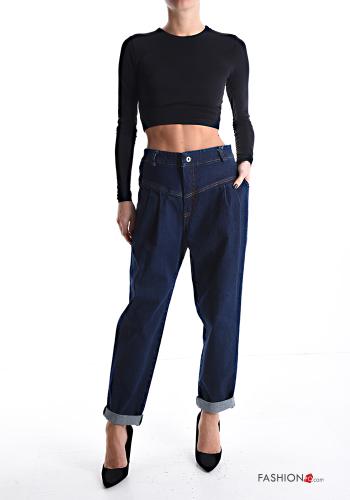 Jeans in Cotone denim vita alta con tasche con bottoni con zip - ph 5