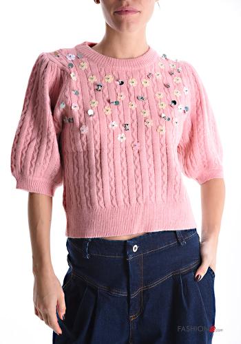 puff sleeve crew neck short sleeve Sweater with rhinestones - ph 1