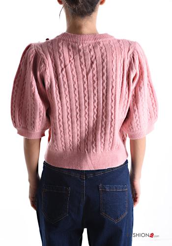 puff sleeve crew neck short sleeve Sweater with rhinestones - ph 2