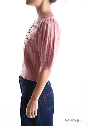 puff sleeve crew neck short sleeve Sweater with rhinestones - ph 3