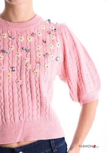 puff sleeve crew neck short sleeve Sweater with rhinestones - ph 4