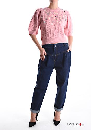 puff sleeve crew neck short sleeve Sweater with rhinestones - ph 5