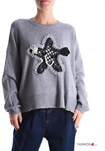 long sleeve crew neck tulle Sweater with pearls - ph 1