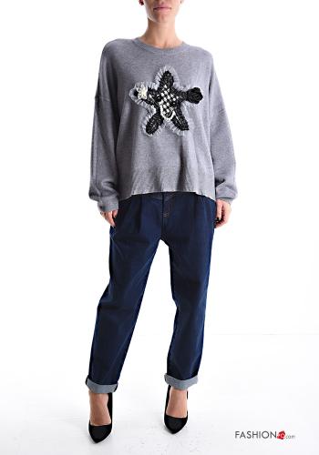 long sleeve crew neck tulle Sweater with pearls - ph 5