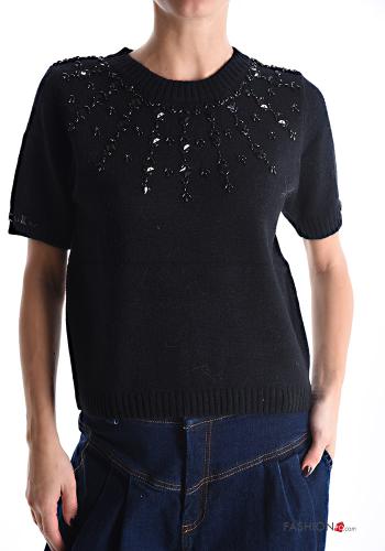 short sleeve crew neck Sweater with rhinestones - ph 1
