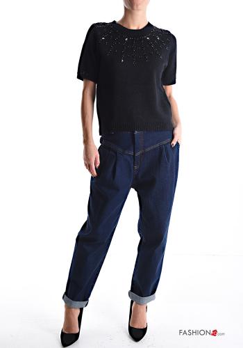 short sleeve crew neck Sweater with rhinestones - ph 5
