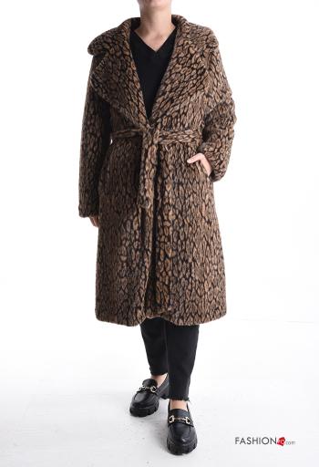 Cappotto Fantasia animalier con cintura in stoffa con bottoni con fodera