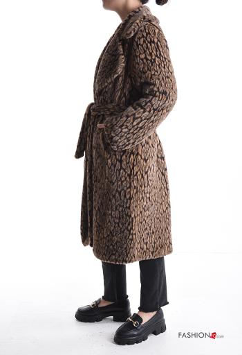 Cappotto Fantasia animalier con cintura in stoffa con bottoni con fodera - ph 3