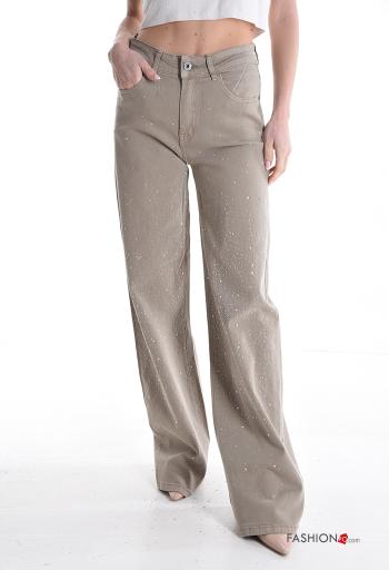 Jeans en Coton wide leg avec poches à boutons avec strass avec fermeture éclair - ph 1