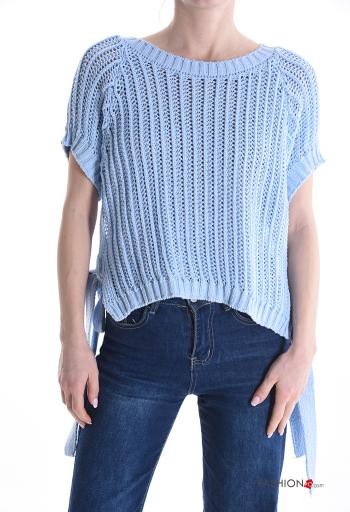 short sleeve crew neck knitted Cotton Sweater with bow - ph 1