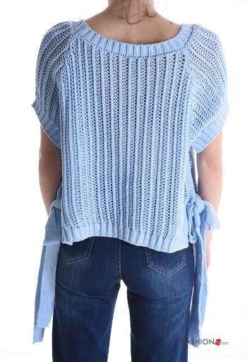 short sleeve crew neck knitted Cotton Sweater with bow - ph 2