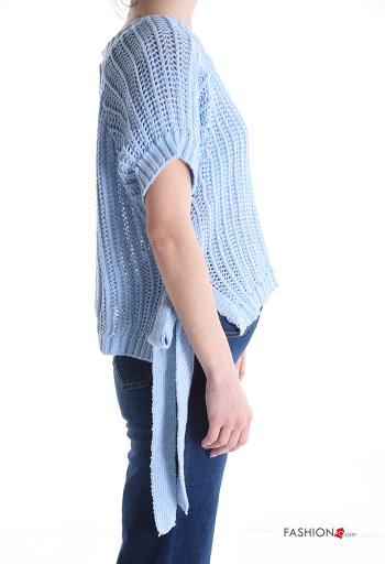 short sleeve crew neck knitted Cotton Sweater with bow - ph 3