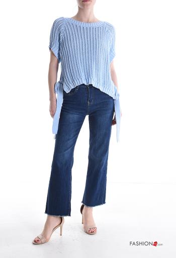 short sleeve crew neck knitted Cotton Sweater with bow - ph 5