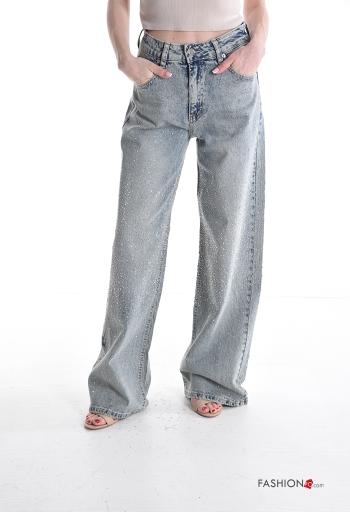 lange Jeans aus Baumwolle mit Knöpfen mit Strasssteinen mit Reißverschluss mit Taschen