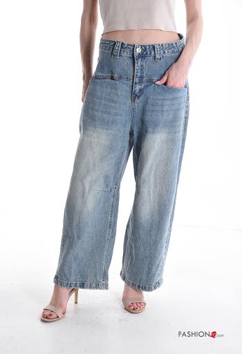 denim wide leg Cotton Jeans with buttons with zip with pockets - ph 1