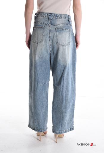 denim wide leg Cotton Jeans with buttons with zip with pockets - ph 2