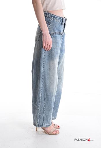 denim wide leg Cotton Jeans with buttons with zip with pockets - ph 3