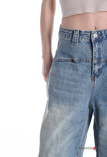denim wide leg Cotton Jeans with buttons with zip with pockets - ph 4