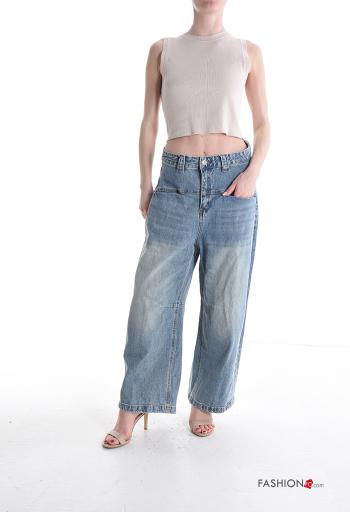 denim wide leg Cotton Jeans with buttons with zip with pockets - ph 5