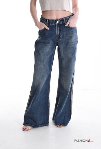 denim wide leg flared Cotton Jeans with buttons with zip with pockets