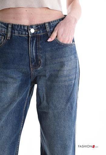 denim wide leg flared Cotton Jeans with buttons with zip with pockets - ph 4
