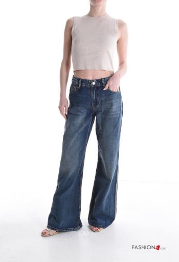denim wide leg flared Cotton Jeans with buttons with zip with pockets - ph 5